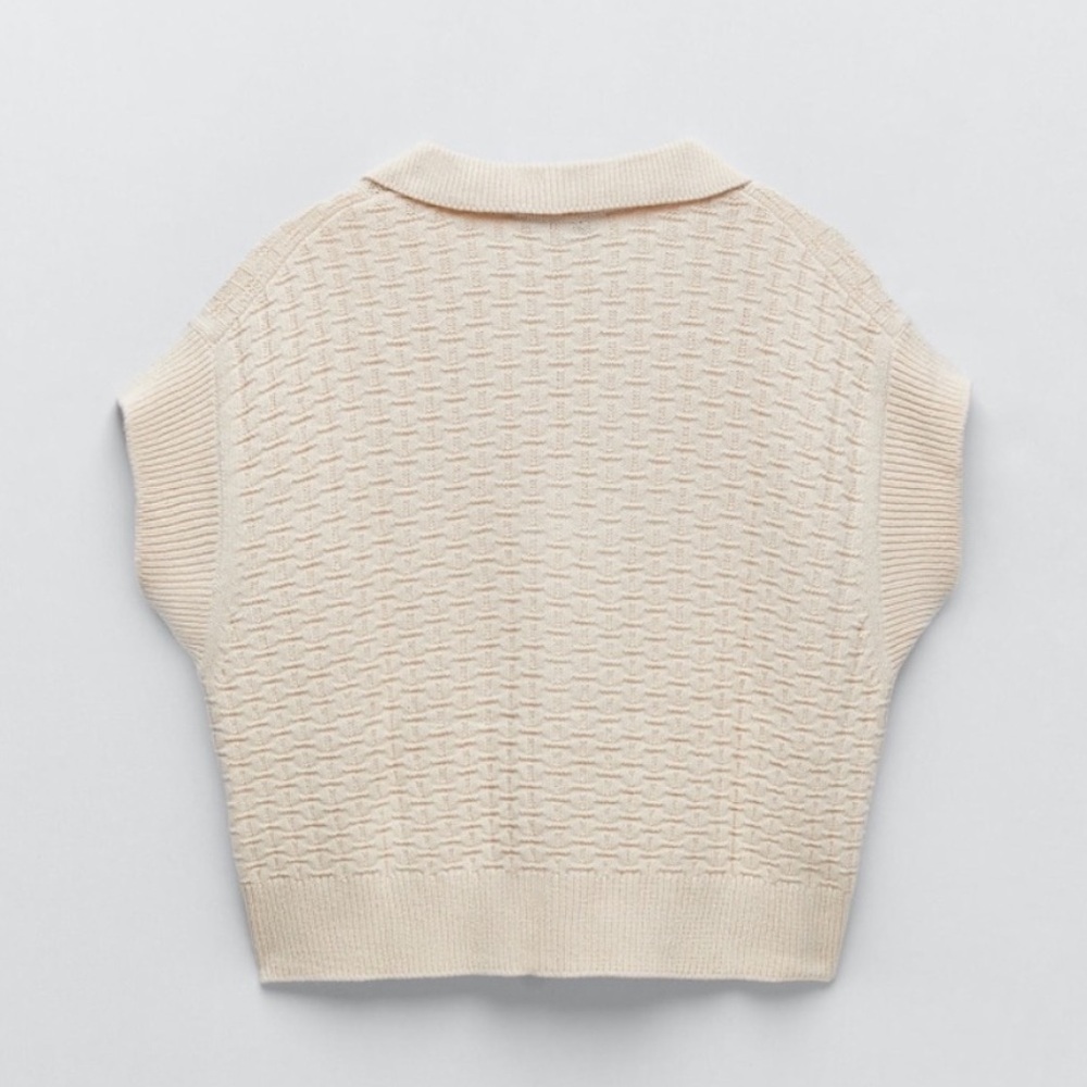 Zara Knit Polo Collared Vest Ecru Small Boxy Fit - Picture 7 of 12